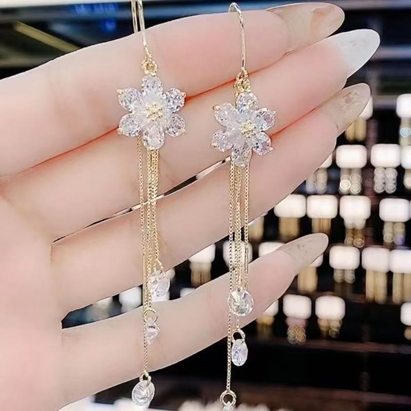 White Rhinestone Long Tassel Flower Earrings: Elegant Five-Petal Design
