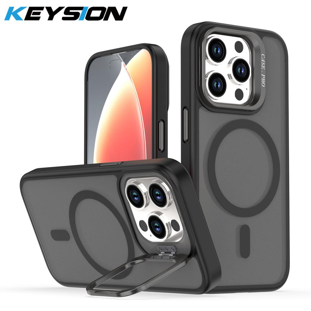 KEYSION Lens Stand Magnetic Phone Case for MagSafe for iPhone 13 14 15 Pro Max 15 Plus Matte Translucent Shockproof Back Cover