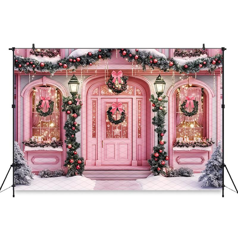 Mocsicka Christmas Photography Background Xmas Tree House Door Window Snow Decorations Child Adult Family Holiday Party Backdrop