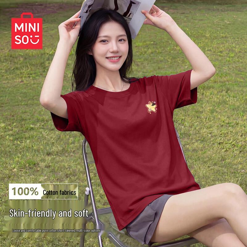 MINISO 2026 Summer Women s Cotton T-Shirt with Star Cat Logo L