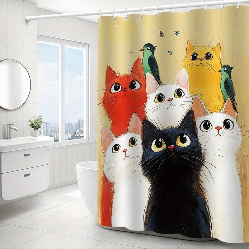 1pc Whimsical Cat Pattern Printed Shower Curtain with Hooks, Window & Wall Access, All-Season Polyester Bath Decor