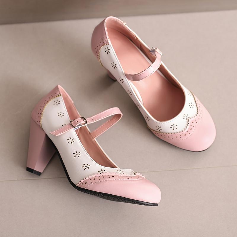 Damen High Heels Einzelne Schuhe Frühling und Sommer Neu Bequem Dicke Ferse Große Größe Leichte Mund Schnalle Niedrige Schuhe