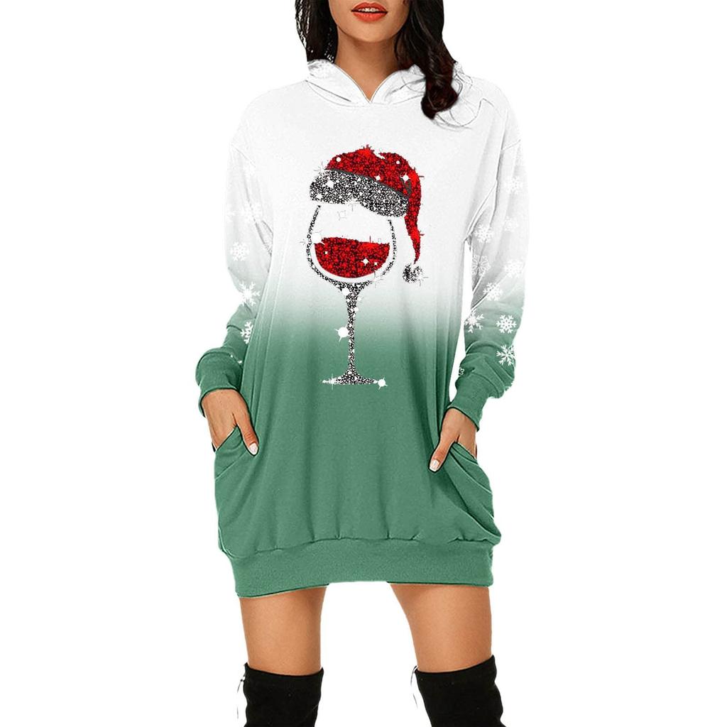 Women's Fashion Christmas Printed Pockets Long Sleeve Hoodies Pullover Dress