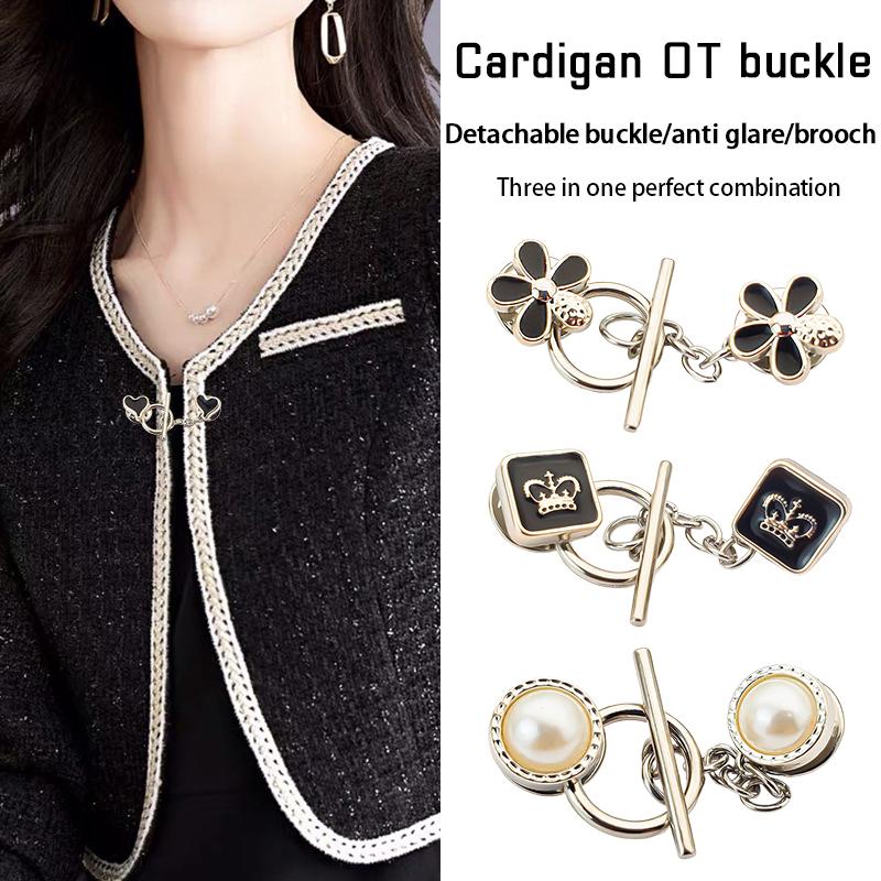 Anti-Light Brooches French Pearl Flowers Chain Brooch Removable Nail-Free Neckline Fixed Pin Coat Decorative Buckle