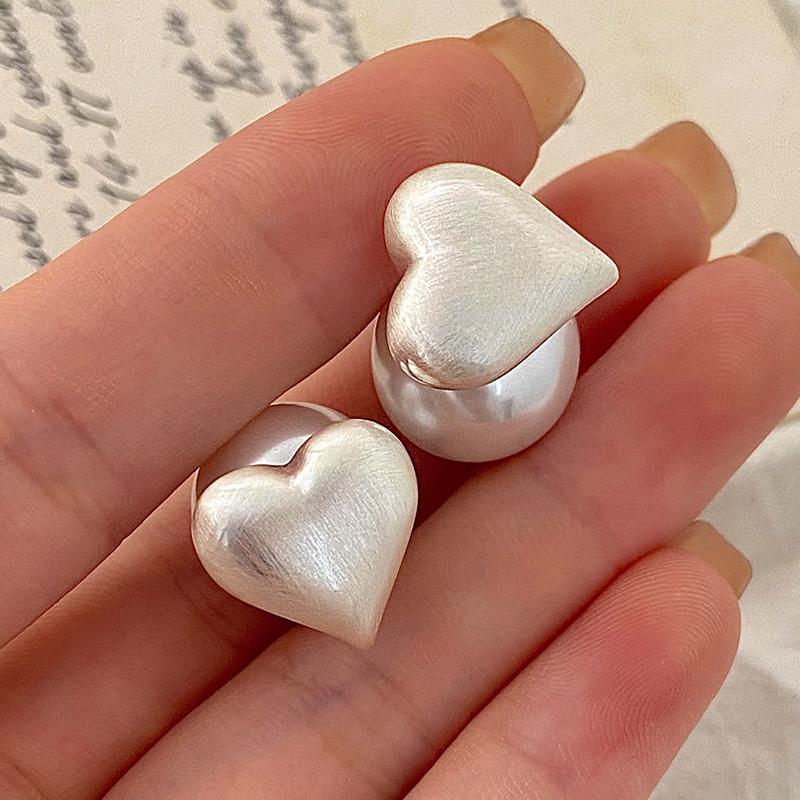 PONYKISS  Sterling Silver Pearl Wire Drawing Heart Stud Earrings for Women Cute Fine  Piercing Screw Ball Accessories