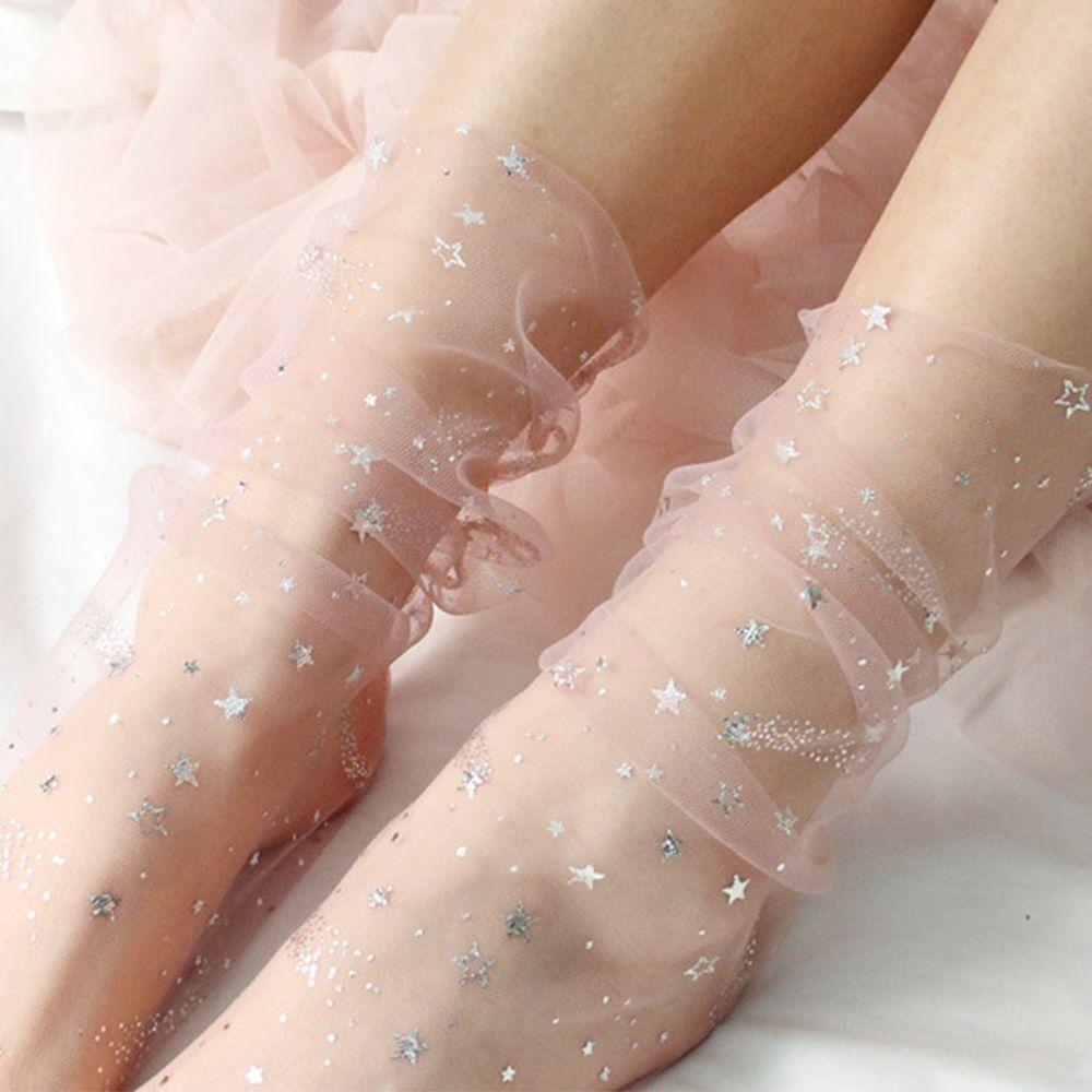 Summer Candy Colors Ladies Women Shiny Stars Glitter Women Socks Transparent Fishnet Socks Hosiery