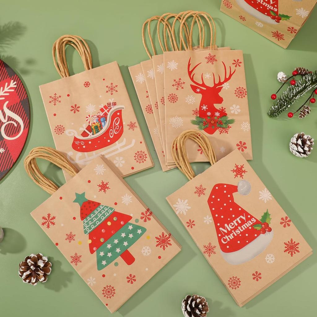 Christmas Gift Bags Holiday Party Favor Bags with Handles for Candy Treats Presents Xmas Decorations Festive Designs  for Home