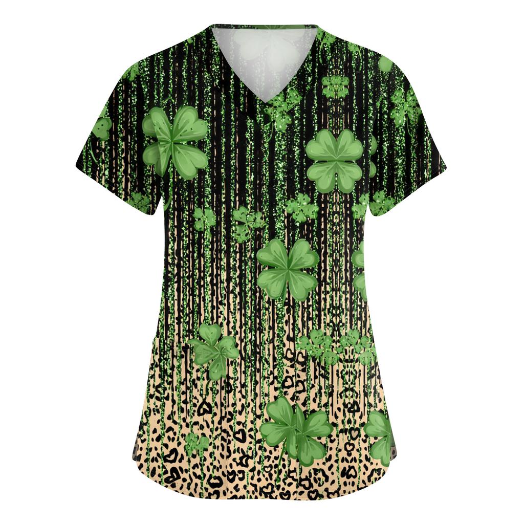 Women's Fashionable V-neck Workwear Printed Short Sleeved Pocket Side Slit Workwear Basic Pullover Top