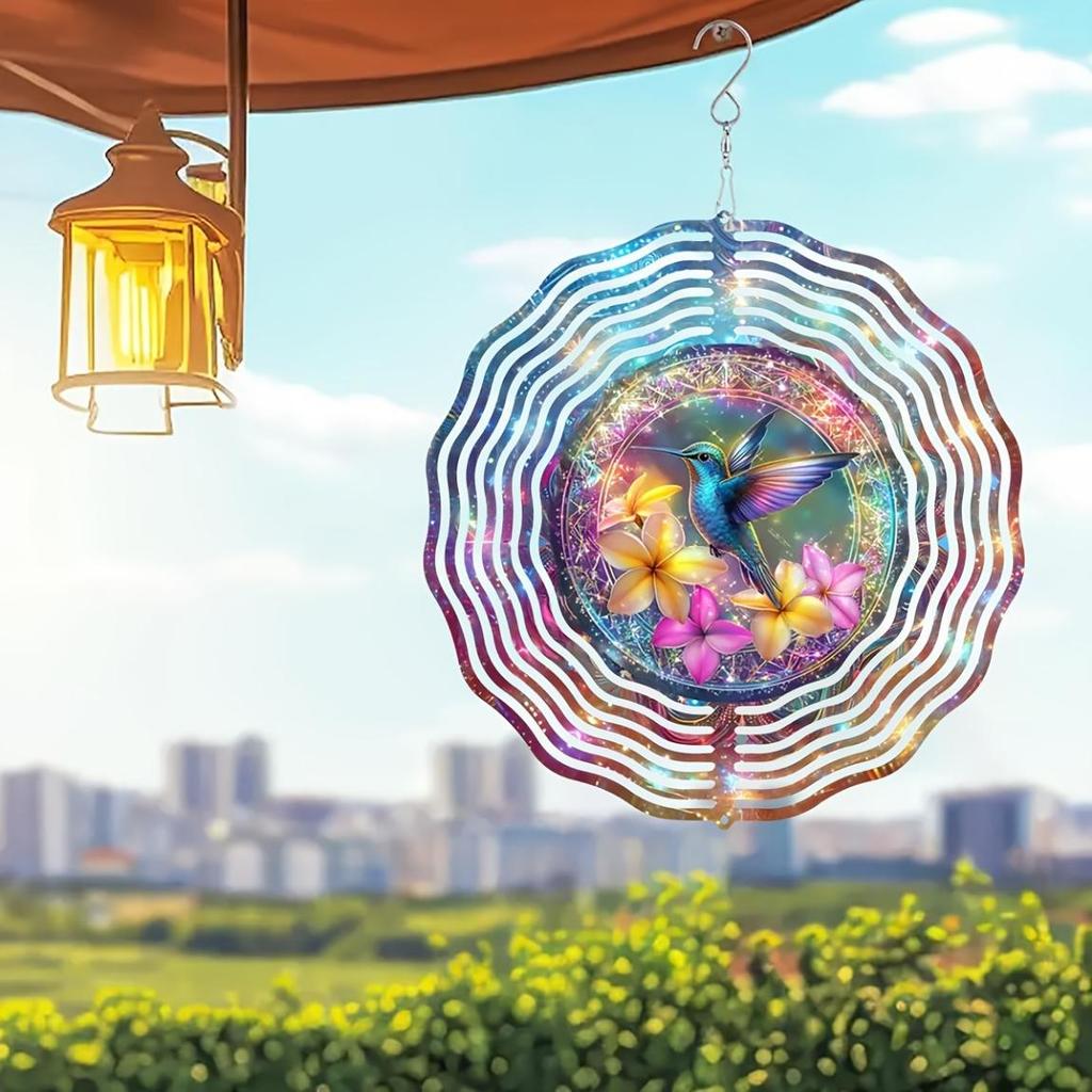 Vibrant 10-inch Hummingbird Wind Spinner – 3D Metal Kinetic Sculpture with 360° Rotating Hook, Floral & Bird Design – Outdoor/Indoor Garden Decor,