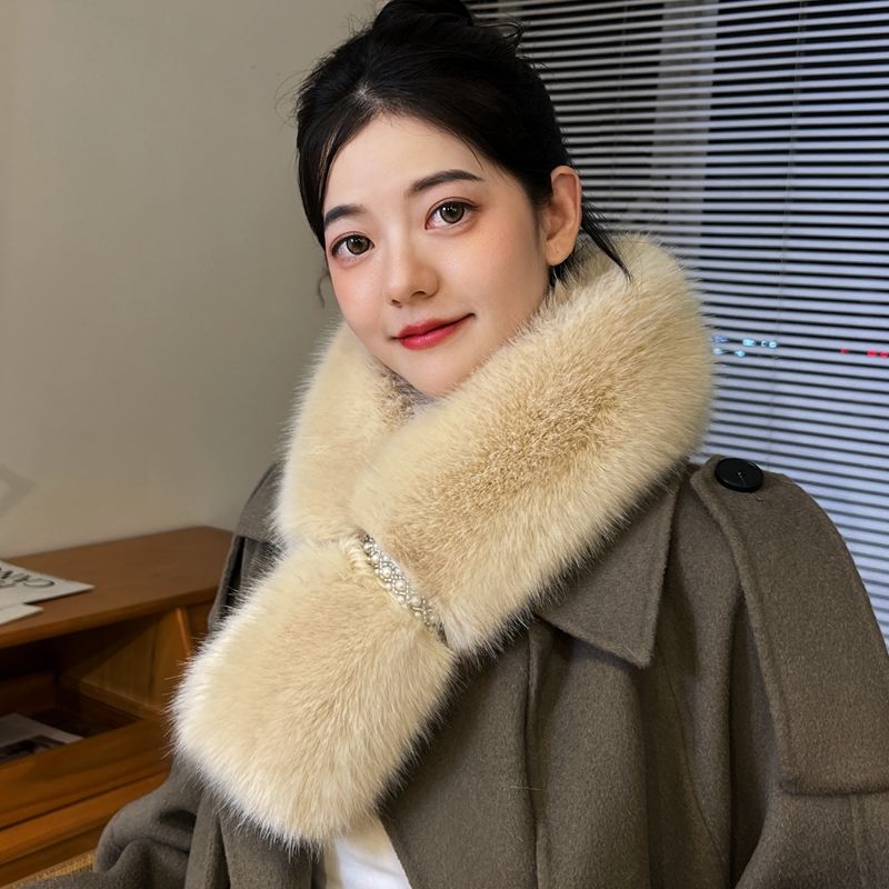 Women's Scarves Elegant Pearl-embellished Double-sided Faux Fox Fur Scarf - Warm Thickened Autumn/winter Women's Neck Warmer