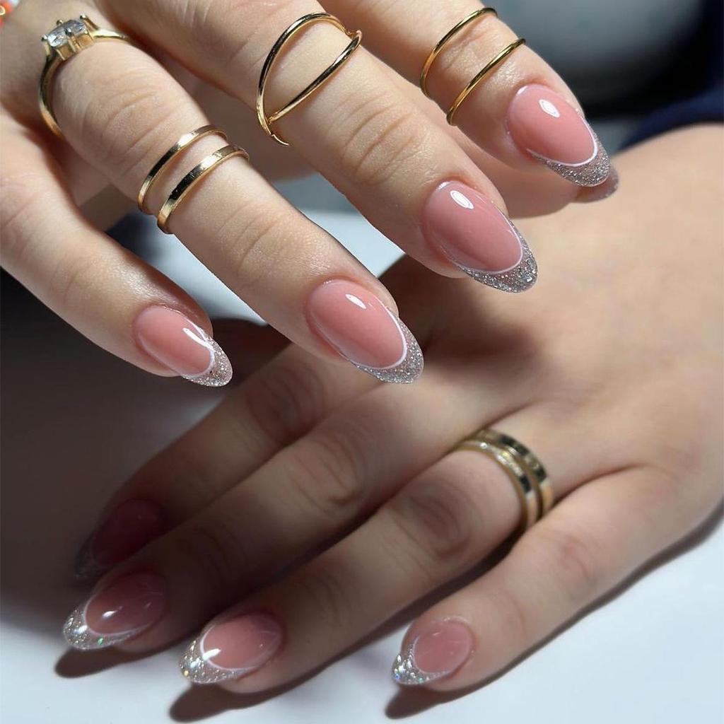 Exclusive Almond-Shaped French Glitter False Nails - Removable Nail Art