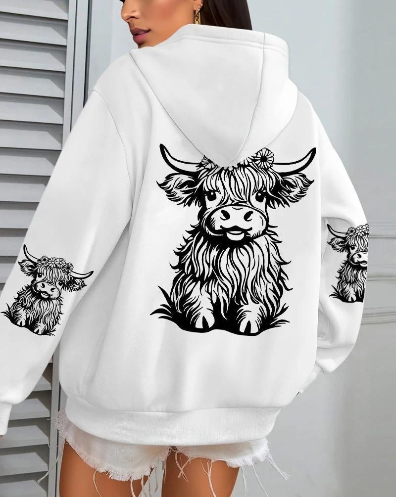 Damen, Kuh Cartoon Tier, Bedruckter Damen Hoodie Herbst Locker Lässig Tasche Fleece Pullover