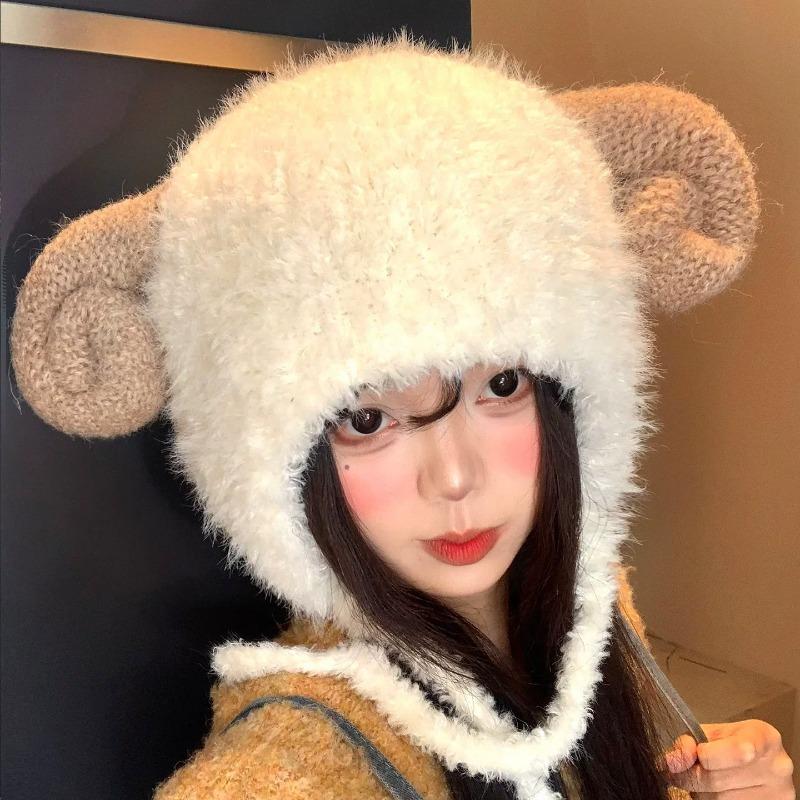 Niche design cute little sheep plush ear protection hat women's autumn and winter warm pullover hat Korean version wool knitted hat