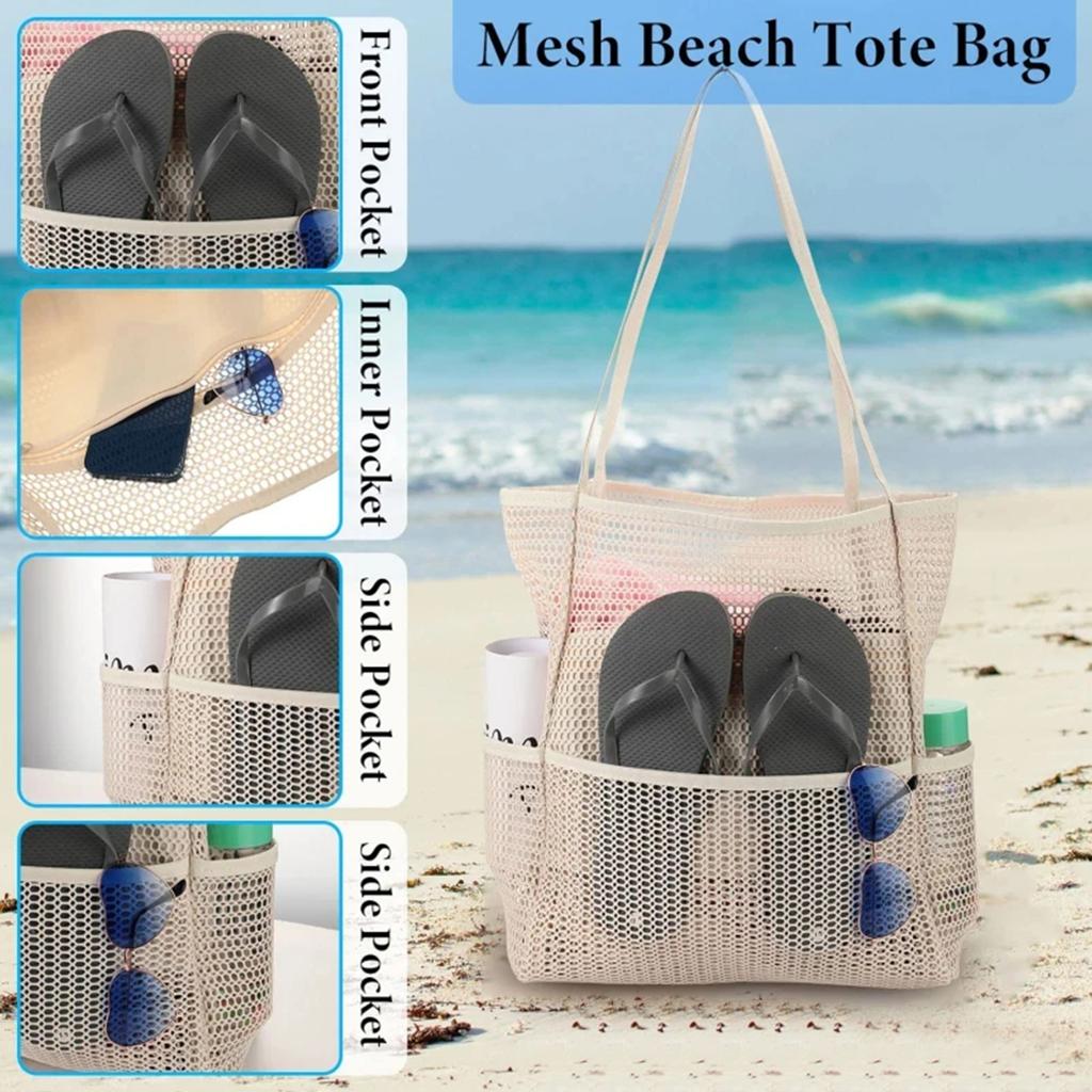 Mesh beach bag, women's shoulder tote bag, large capacity foldable mesh swim bag with pocket.-zmt