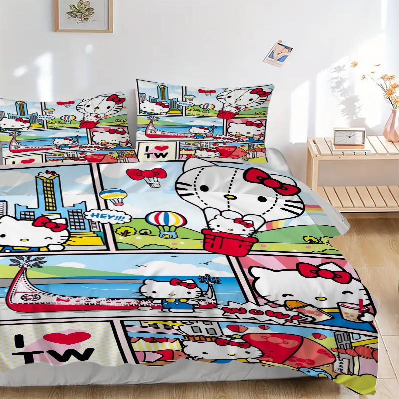 

3pcs Hey Hello Kitty Quilt Cover Set - Soft and Cozy Bedroom, Guest Room and Dorm Decorative Bedding 3-Piece Set 1 Quilt Cover + 2 Pillow Shams.W 135x200cm