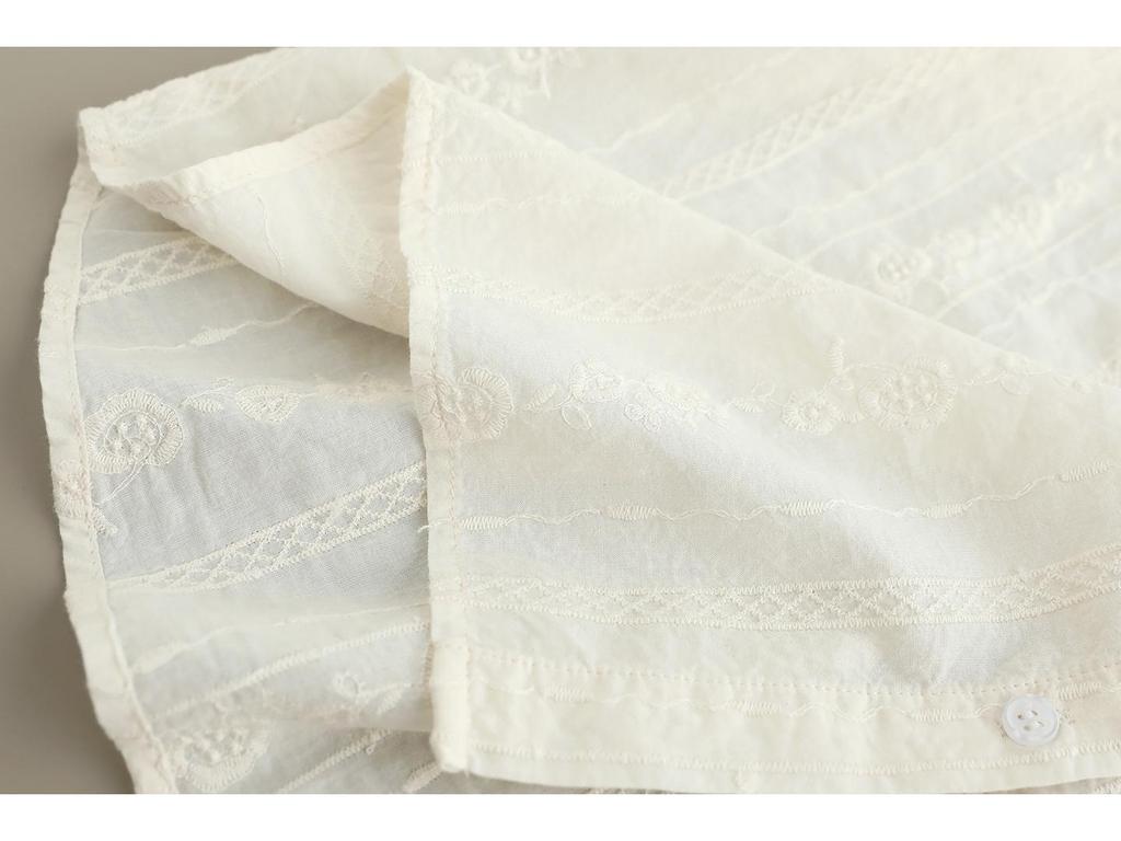 Women's Mori Girl Style Cotton Shirt with Ruffled Lace Collar, Tie-up Long Sleeves, and Heavy Embroidery