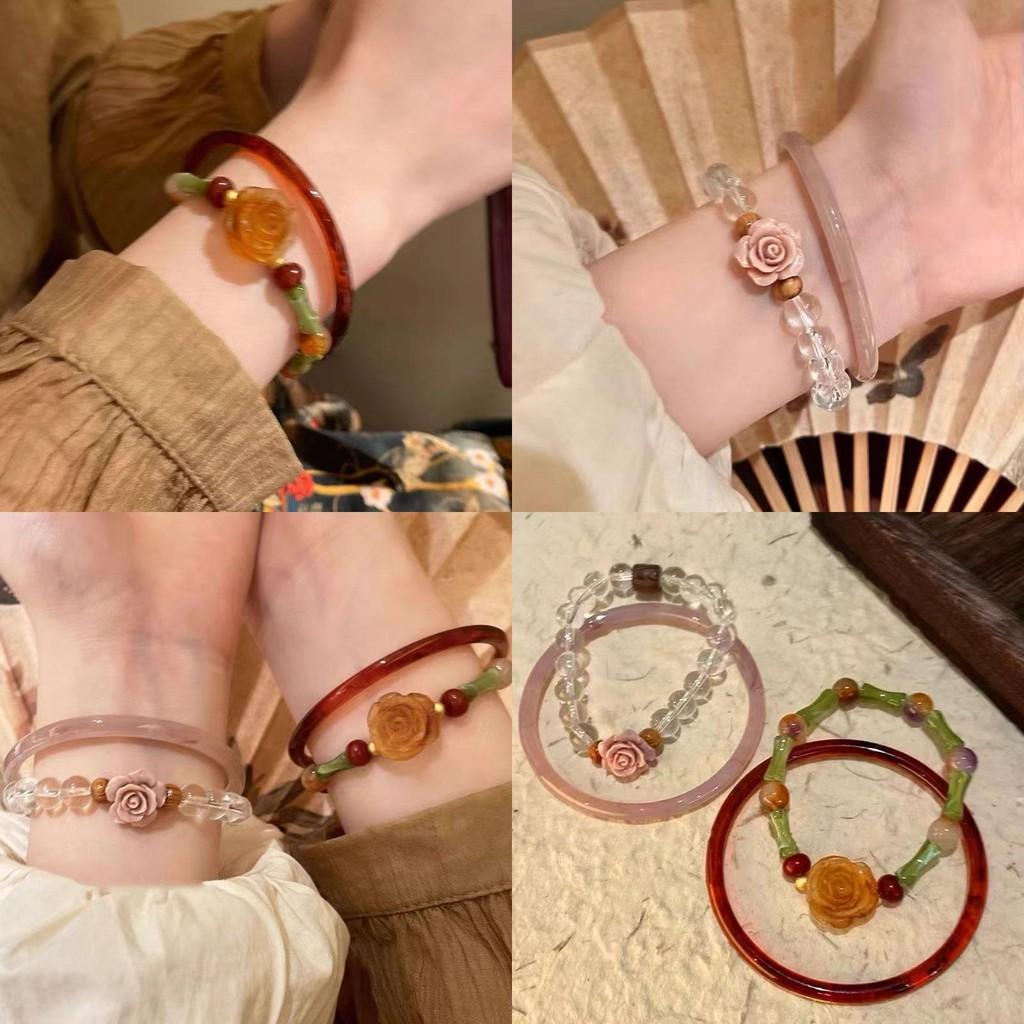 New Chinese Elegant Style Rose Flower Glass Beaded Bracelet For Women Handcrafted Vintage Luxury Jewelry