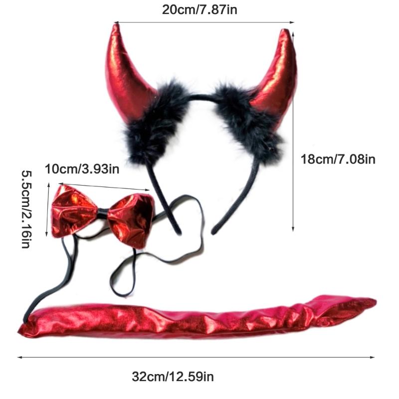 Teufelschwanz Kostüm mit Teufel Stirnband Fliege Halloween Teufel Cosplay Zubehör für Damen Teenager Maskenball Cosplay Party