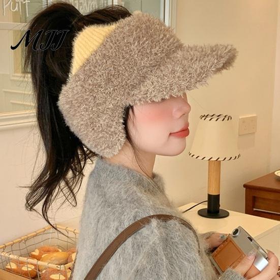 Thoughtful Gift for Besties Winter Visor Cap with Ear Flaps, Plush Beanies Brim, Open Top, Outdoor Sports Headwear Cute Cat Ears Warm Ponytail