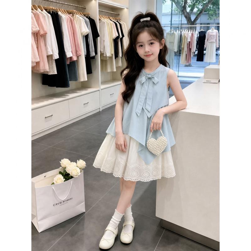 Girls Summer French Sweet Bow Tank Dress Middle Big Kids Princess Fairy Sundress