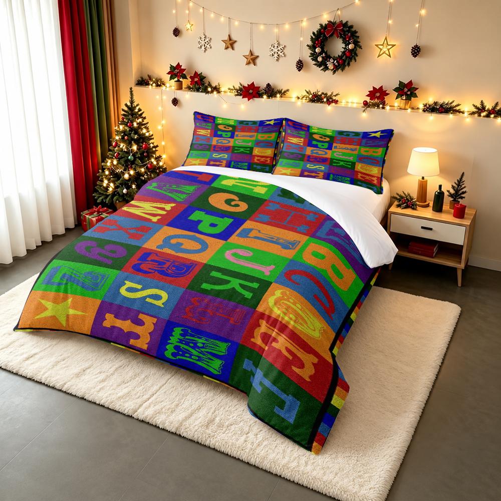 Vintage Decorative Alphabet Block Bedding set (1 duvet cover, 2 pillowcases, duvet not included), Colorful A-Z Letter Chart Art Print