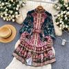 Women's Summer Dress Vintage Designer Print Mini Dresses Stand Collar Single Breasted Party Shirt Dress with Belt