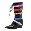 Punk Black White Wedges Boots Women's 2024 Autumn Winter Lace Up Mid Calf Boots Pointed Toe Heart Belt Buckles Shoes