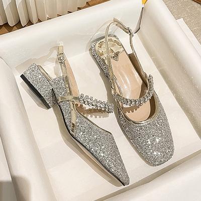 Mode 2025 Été Chaussures Argentées à Paillettes Dames Talons Bas Sandales Bout Couvert Bande en Cristal Mary Jeans Slingback Femme Mocassins Bling Bling