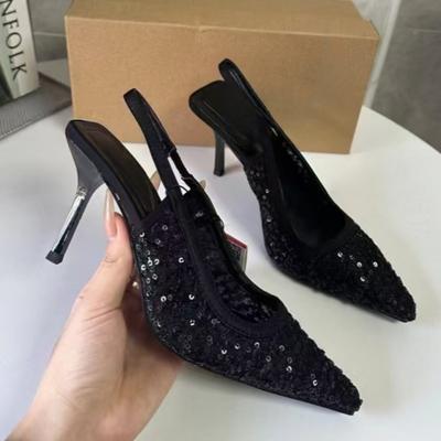 Luxus Schwarz Pailletten Pumps Damen Sexy Spitze Slingback Hohe Absätze Stilettos Abend Hochzeit Abschlussball Party Schuhe Damen