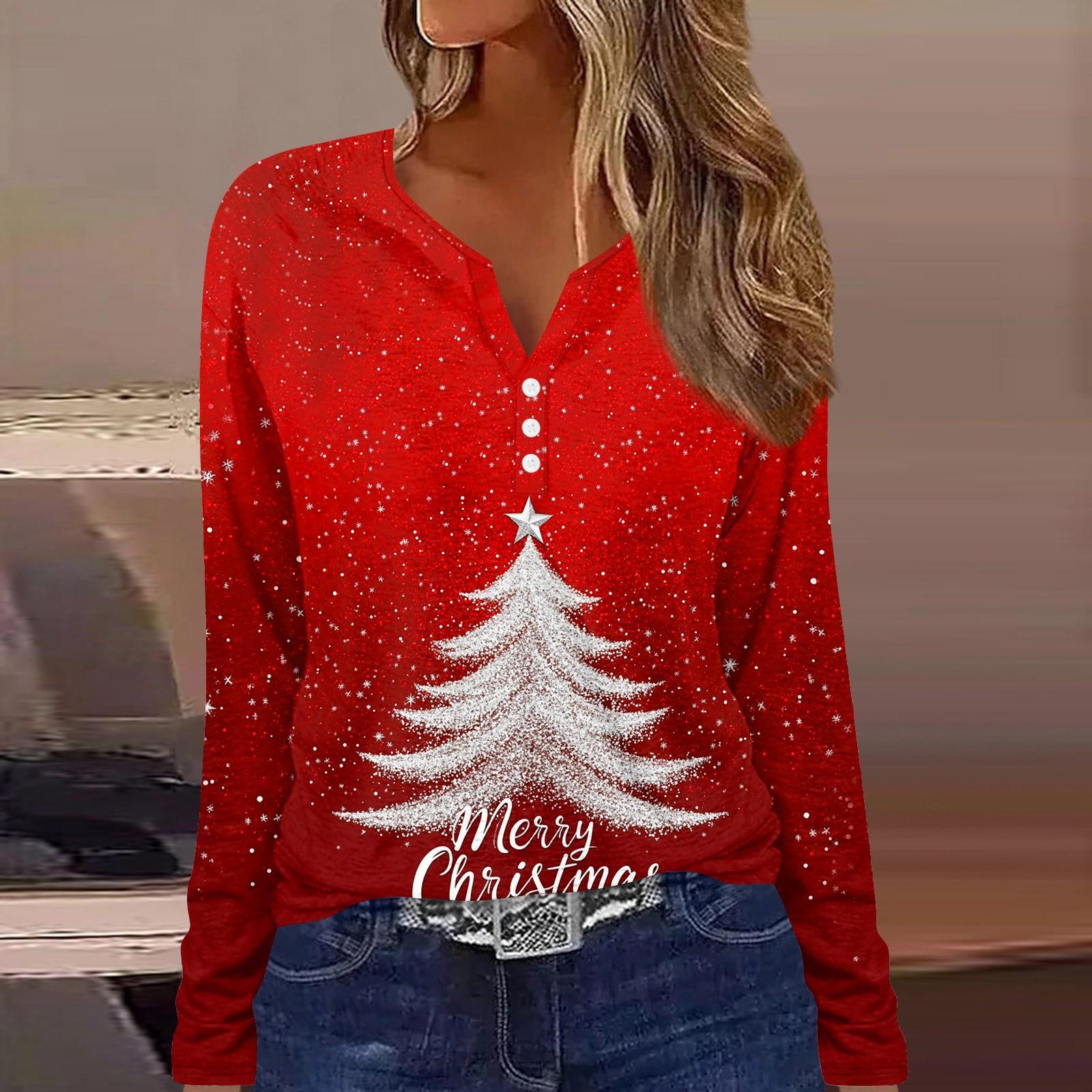 

Женская футболка с пуговицами и рождественским принтом, длинный рукав, повседневная, выходного дня, модная, базовая, с V-образным вырезом, обычная XXXL красный