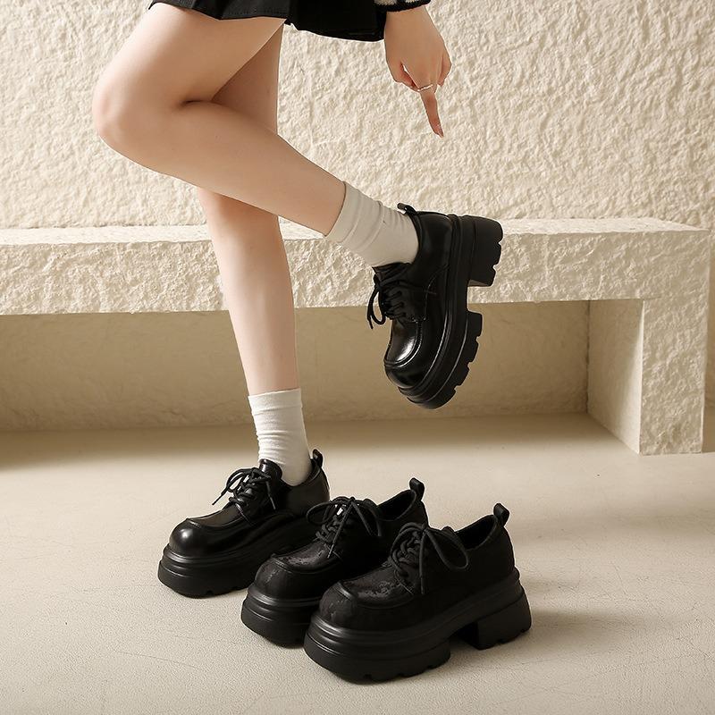 thick-soled national trendy lace-up small leather shoes women's shoes spring and autumn new small height-increasing women's single shoes