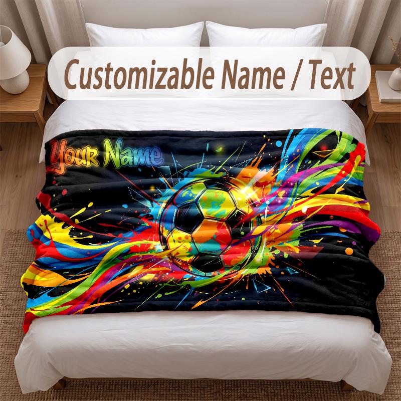 Soccer Theme Soft Blanket Personalized Custom Name Text Print Warm Blanket Home Sofa Bedroom Decor