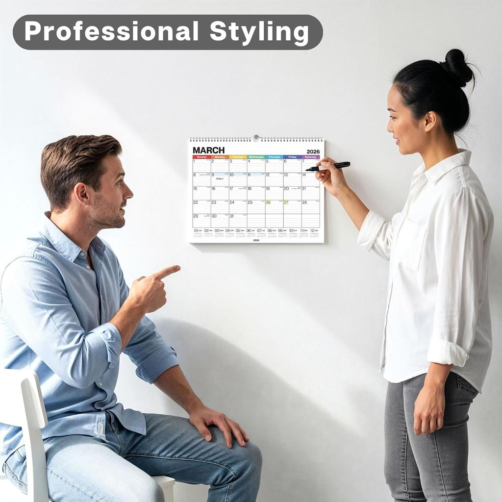 Dunwell 12x15 Wall Calendar 2026 (Colorful), Use Jan to Dec 2026, Large Lined 12 x 15 Monthly Calendar, Professional Styling for Home or Office,