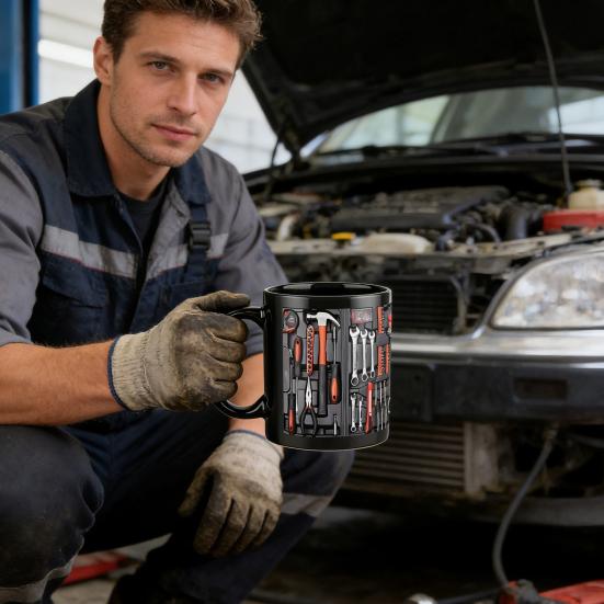 Toolbox Coffee Mug Mechanical Tool Box Mug Ceramic Double-sided Print Ergonomic Handle Cup Microwave Dishwasher Safe Gift for Mechanics Car