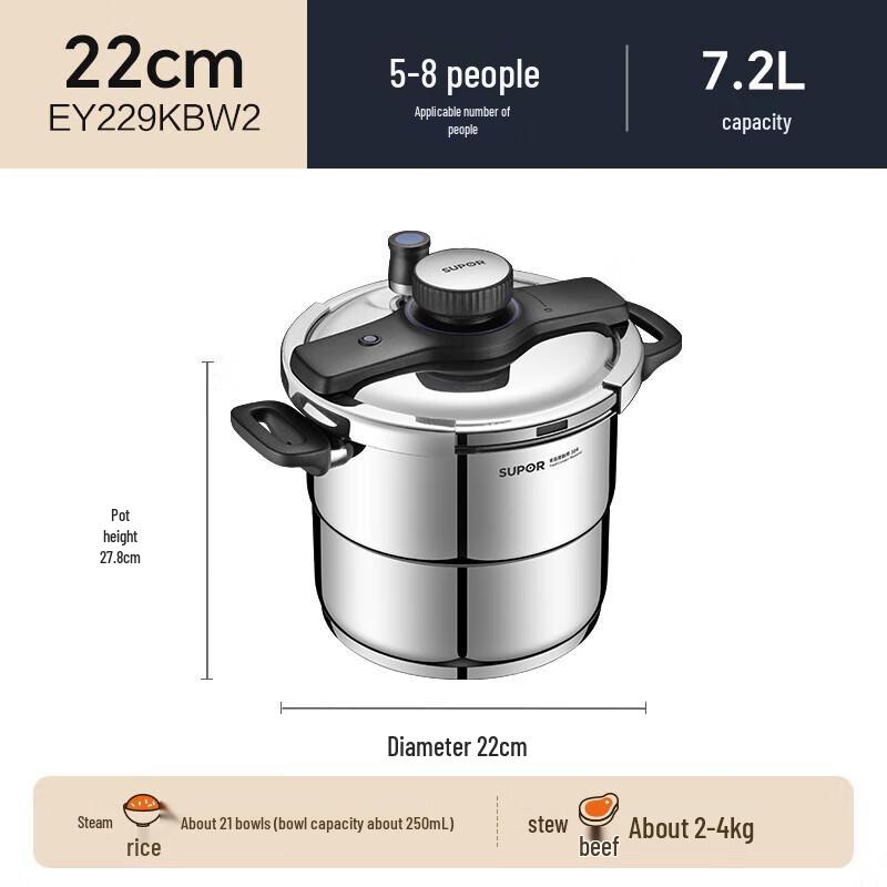 SUPOR 304 Stainless Steel Easy-Open Explosion-Proof Pressure Cooker 7.2L