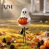 Weather Resistant Yard Art Halloween Ghost Candy Bowl Garden Stake, 2D Flat Pumpkin Holder with Cat Party Signs And Bats, Trick or Treat