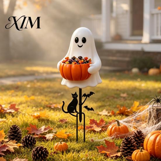 Weather Resistant Yard Art Halloween Ghost Candy Bowl Garden Stake, 2D Flat Pumpkin Holder with Cat Party Signs And Bats, Trick or Treat