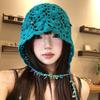 Hand Crocheted Openwork Floral Tassel Beanie Hat Women Lightweight Breathable Knit Cap