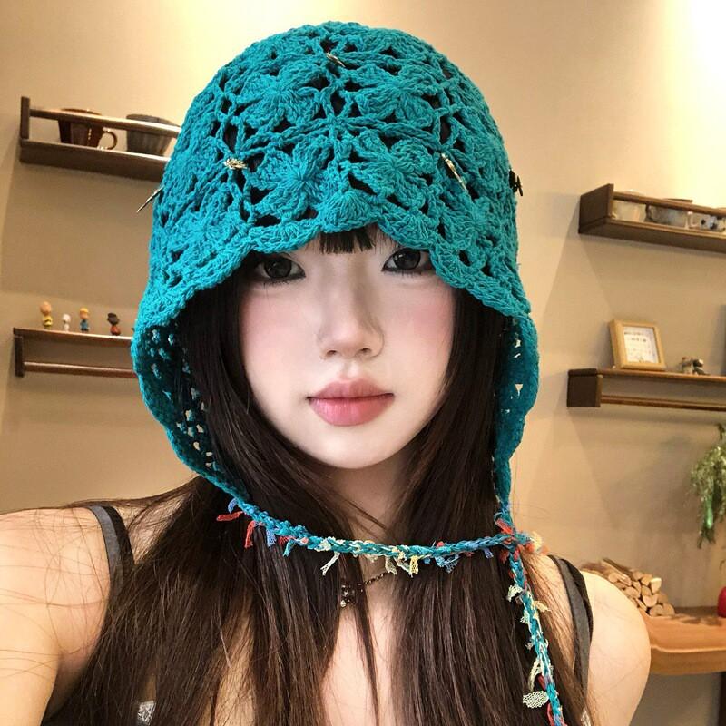 Hand Crocheted Openwork Floral Tassel Beanie Hat Women Lightweight Breathable Knit Cap