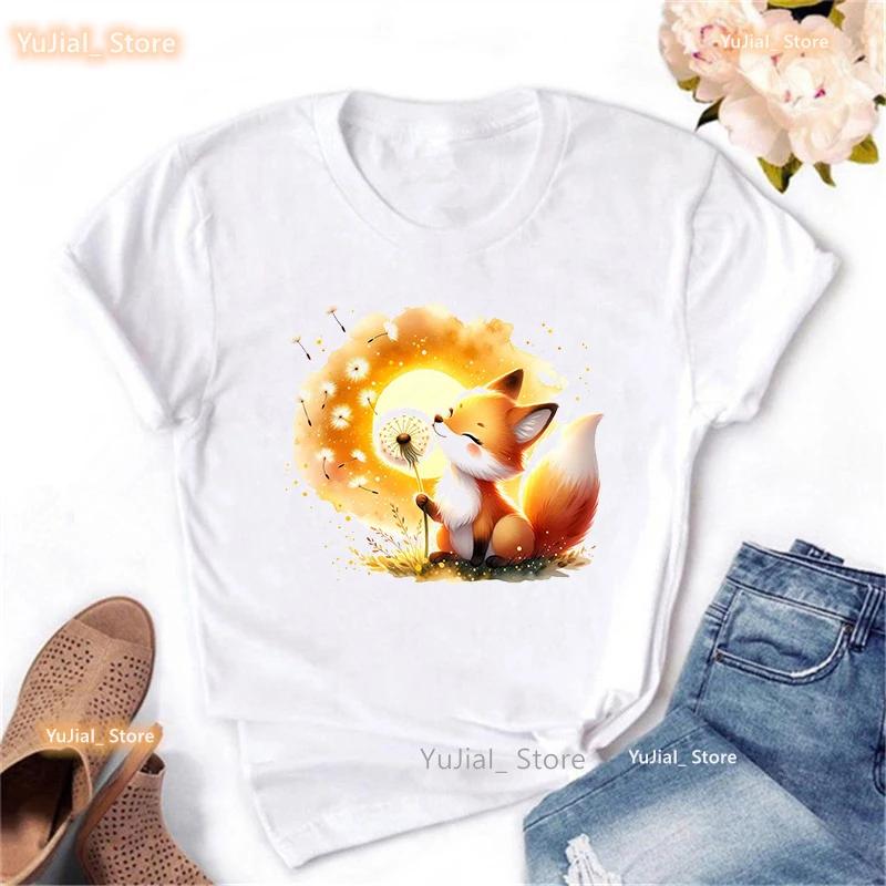 Watercolor Fox Wish Dandelion Animal Printed T Shirt Girls Kawaii Clothes Summer Fashion Tshirt Unisex Harajuku Shirt