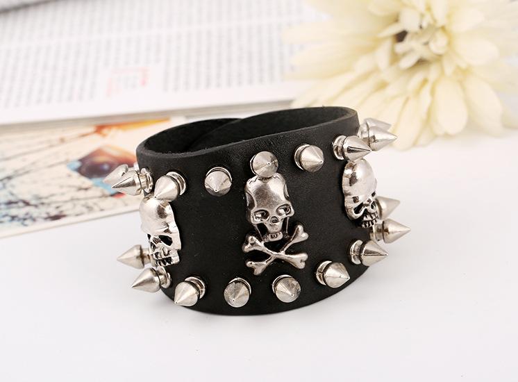 Punk Skeleton Bracelet for Men Metal Rivet Studs Personality Genuine Leather Bracelets Bangles