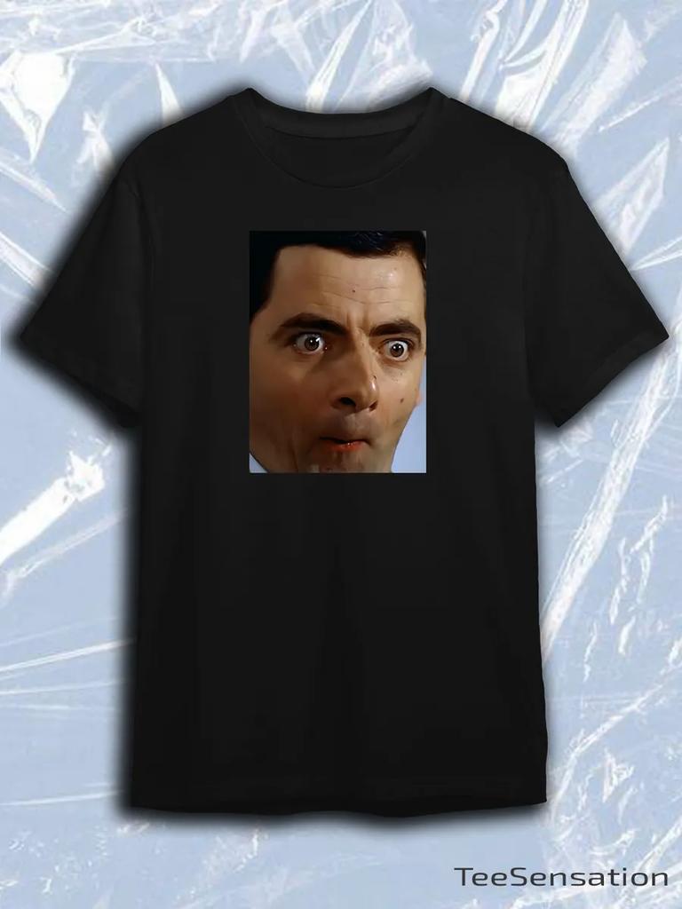 TeeSensation Black Crew Neck Short Sleeve T-Shirt with Mr Bean Funny Face Photo Print