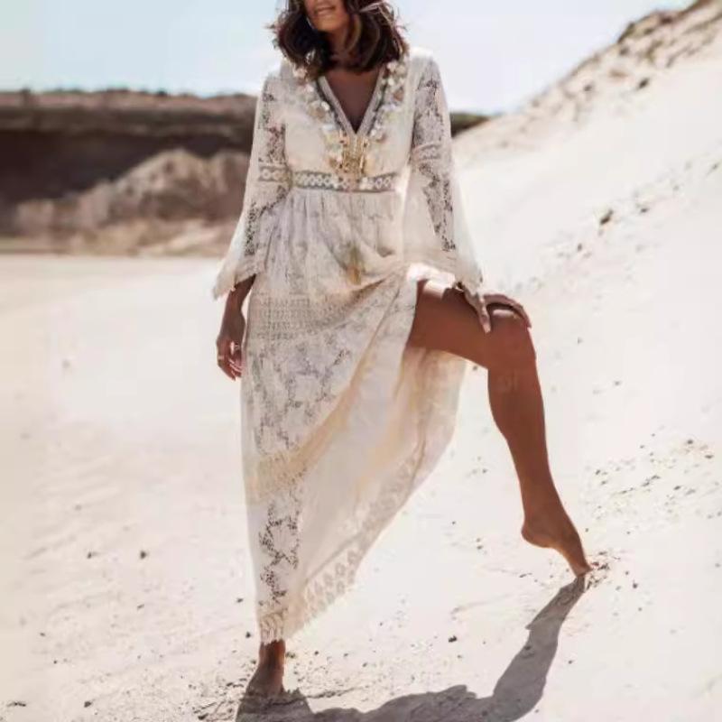 Women's Solid Color Long Sleeve V-neck Lace Splicing Loose Long Dress