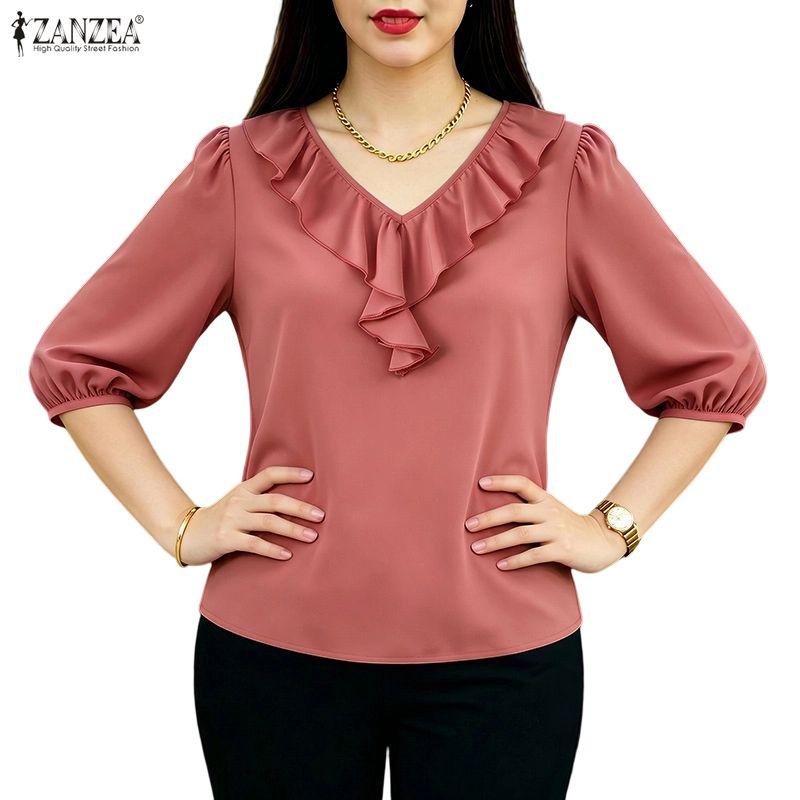 ZANZEA Women Ruffles V-Neck Solid Color Loose 3/4 Sleeve Blouse