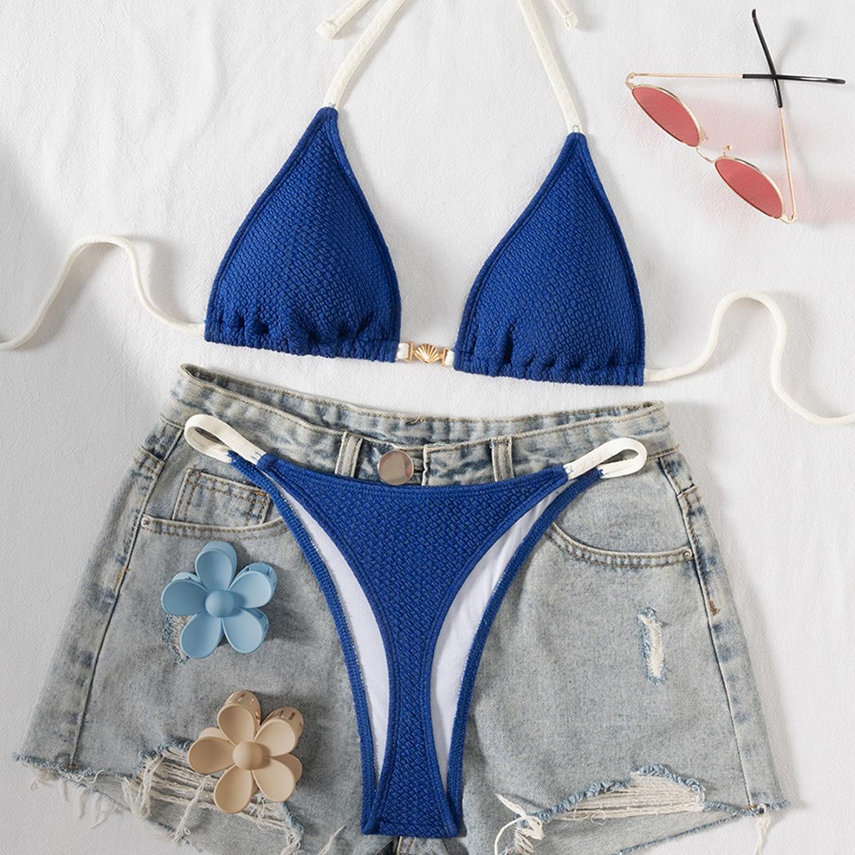 

Threaded Triangle Tie Thong Sexy Bikini Split Swimsuit Women XS