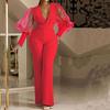 2022 Fall/Winter Women's European & American Style Mesh Spliced Long-Sleeve Slim Wide-Leg Jumpsuit