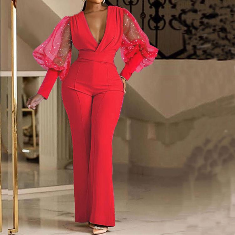 2022 Fall/Winter Women's European & American Style Mesh Spliced Long-Sleeve Slim Wide-Leg Jumpsuit