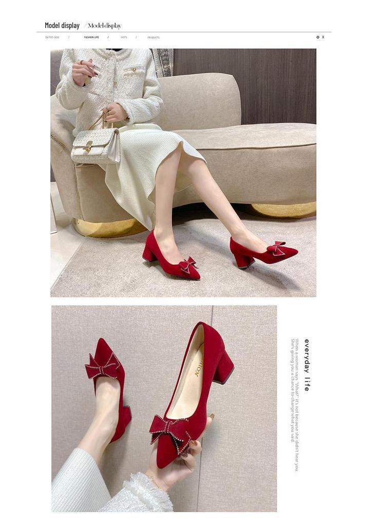 Velvet Pointed-Toe Chunky Heel Bridal Shoes - 2026 New Style, Comfortable High Heels for Women