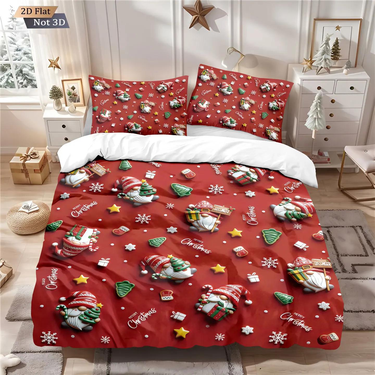 

3Pcs Red Christmas Bedding Set Gnome Print Coreless Multi Size Bedroom Dormitory Decoration Soft Machine Washable Christmas Gift Duvet Cover Set&EU Single(135x200cm)