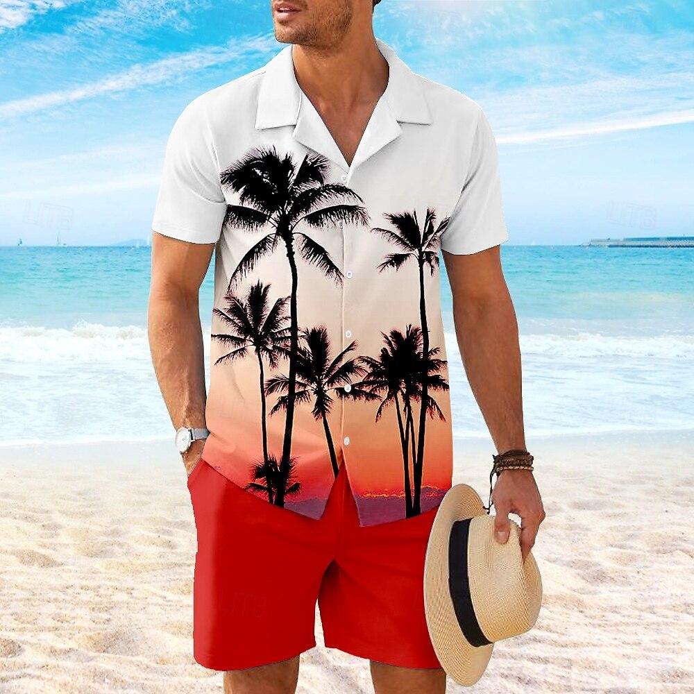 Men's Summer Sets Coconut Tree 3D Print Short Sleeve Tops +Shorts 2 Piece Hawaiian Beach Vacation Shirt Suit Fashion Men Outfit